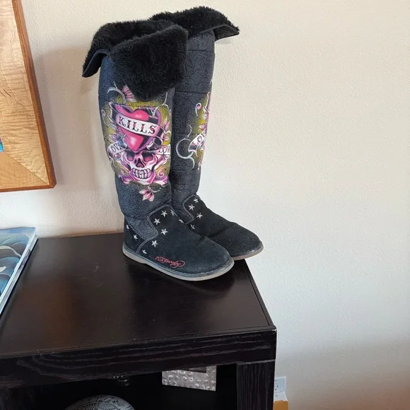 Vintage EdHARDY Black Embroidered Boots (2000) - Picture 1 of 9